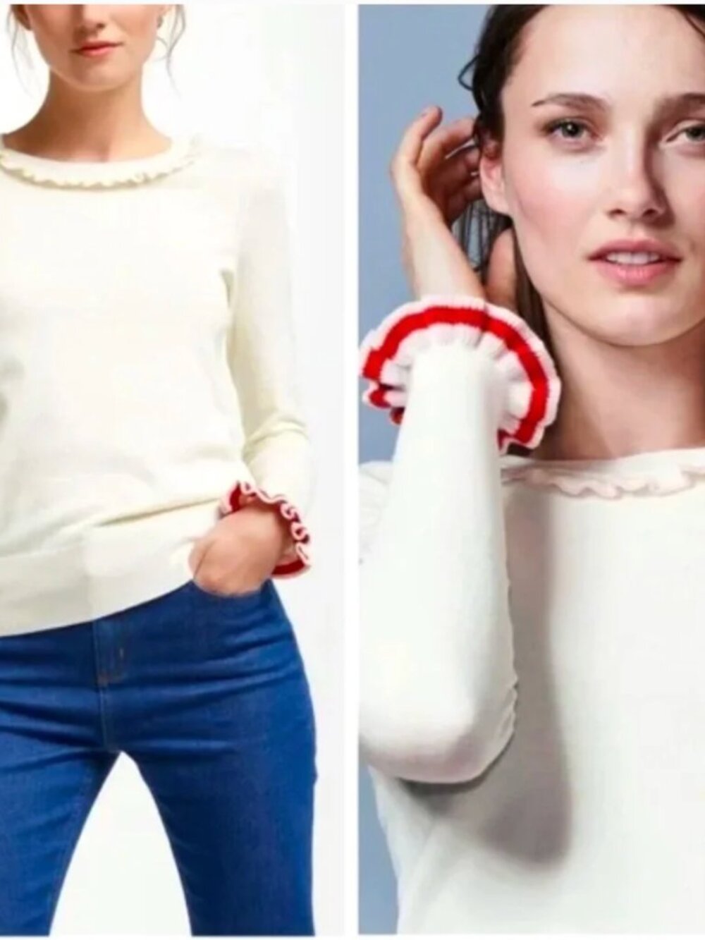 Boden Bernadette Jumper Sweater 4 Cream Wool Blend Ruffle Trim Feminine Preppy